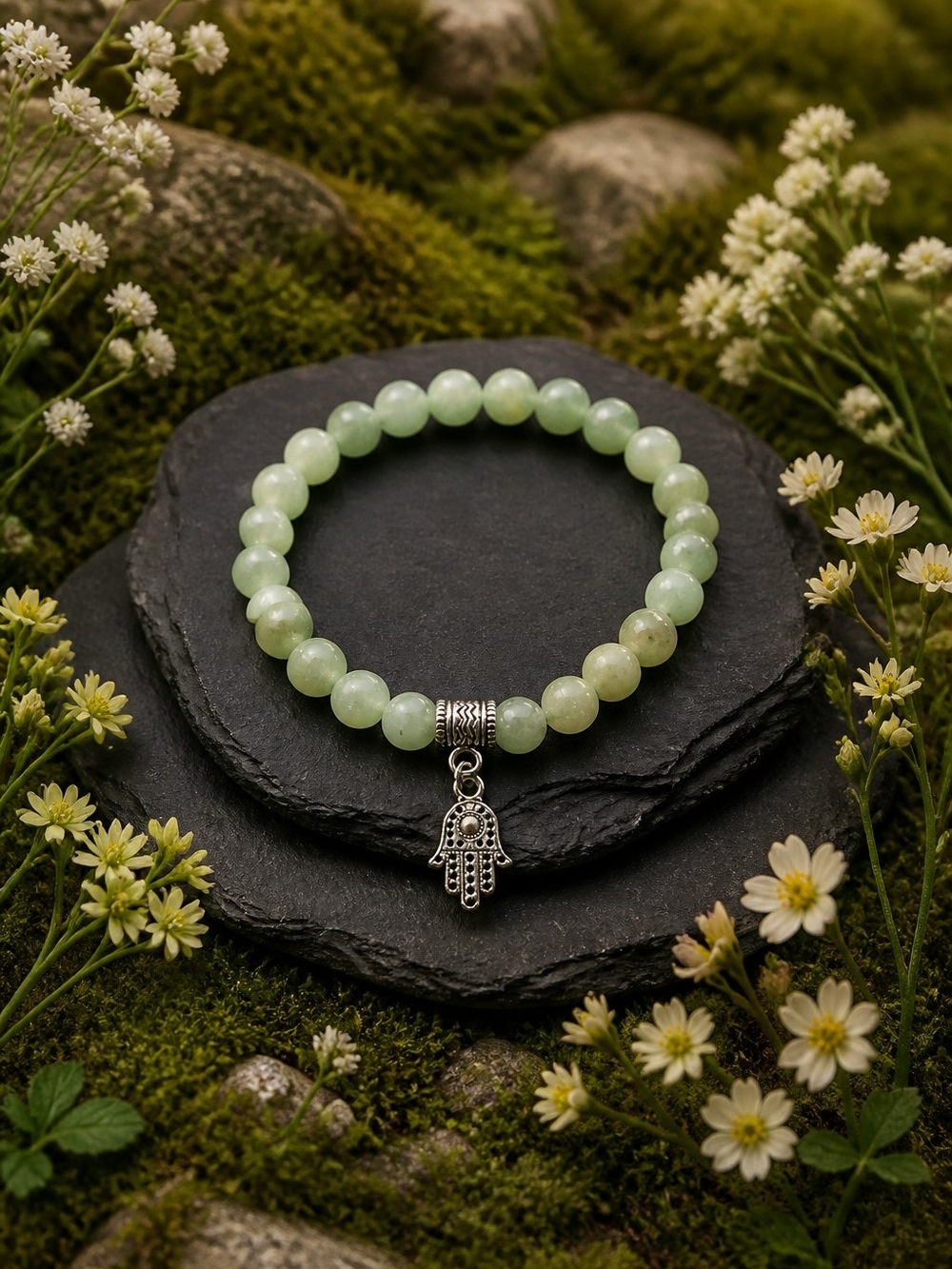 Green Calcite Bead Bracelet with Hamsa Charm - Women Jewelry